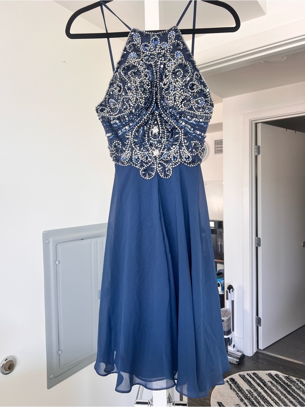 Jovani Formal Beaded Bodice Mini Dress Navy Blue Size 2